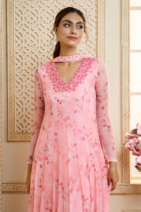 Shop_Aariyana Couture_Pink Chiffon, Satin Embroidery V-neck Rose Petal Floral Print Anarkali Set