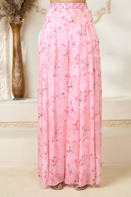 Aariyana Couture_Pink Chiffon Embroidery Scoop Neck Rose Petal Print Flared Pant Cape Set_Online_at_Aza_Fashions
