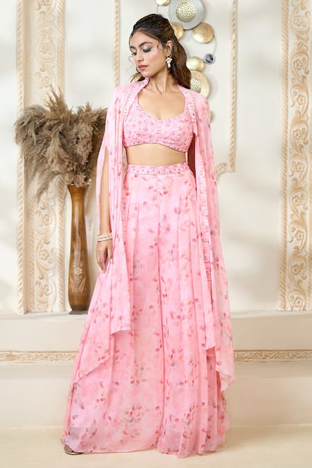 Buy_Aariyana Couture_Pink Chiffon Embroidery Scoop Neck Rose Petal Print Flared Pant Cape Set