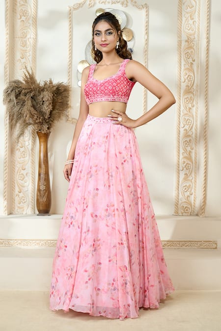 Aariyana Couture_Pink V-neck Rose Petal Print Lehenga Set With Ruffle Dupatta_Online_at_Aza_Fashions