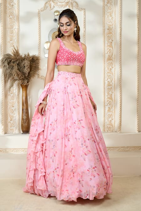 Buy_Aariyana Couture_Pink V-neck Rose Petal Print Lehenga Set With Ruffle Dupatta_Online_at_Aza_Fashions
