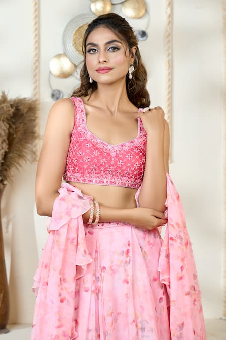 Buy_Aariyana Couture_Pink V-neck Rose Petal Print Lehenga Set With Ruffle Dupatta