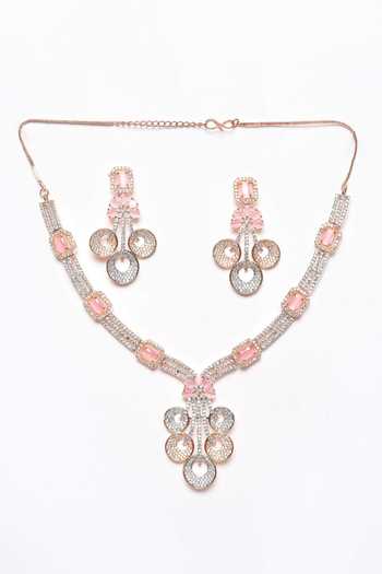 Shop_Nayaab By Aleezeh_Gold Plated Bead, Zirconia, American Diamond Embellished Pendant Necklace Set_Online_at_Aza_Fashions