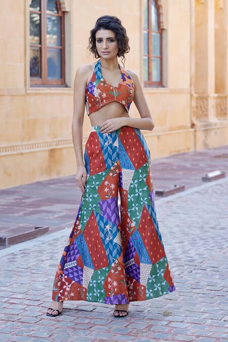 Amrood Orange Modal, Satin Halter Neck, Collared Mixed Print Jacket Pant Set at Aza Fashions Amrood_Orange Modal, Satin Halter Neck, Collared Mixed Print Jacket Pant Set _at_Aza_Fashions