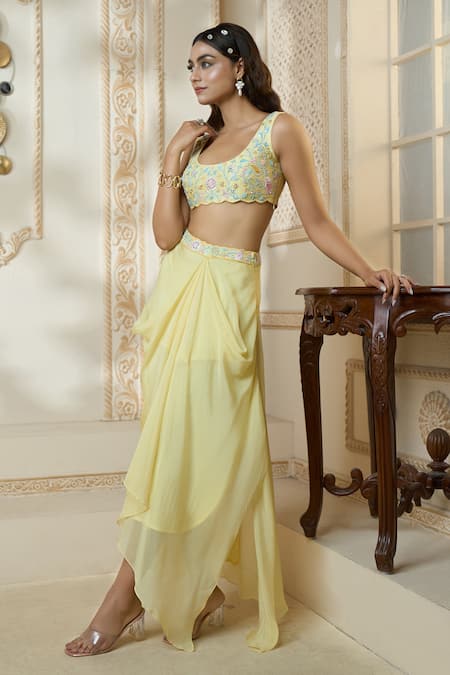 Buy_Aariyana Couture_Yellow Silk, Viscose Embroidery Scoop Neck Draped Skirt Set With Long Cape_Online_at_Aza_Fashions