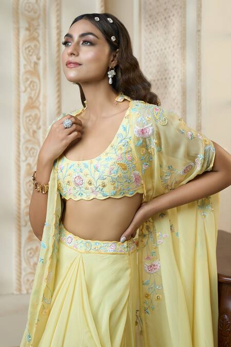 Buy_Aariyana Couture_Yellow Silk, Viscose Embroidery Scoop Neck Draped Skirt Set With Long Cape