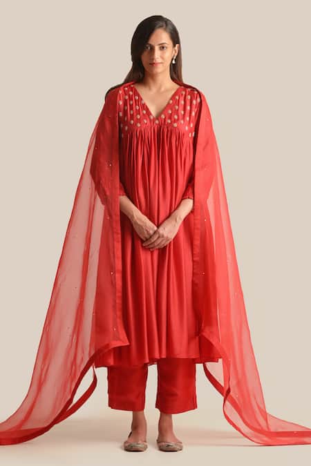 Cupid Cotton Red Silk Cotton Embroidered Pita V Neck Aiza Yoke Anarkali And Pant Set 