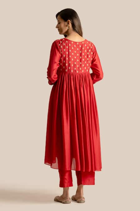 Shop Cupid Cotton Red Silk, Cotton Embroidery V-neck Aiza Yoke Anarkali And Pant Set at Aza Fashions Shop_Cupid Cotton_Red Silk, Cotton Embroidery V-neck Aiza Yoke Anarkali And Pant Set _at_Aza_Fashions