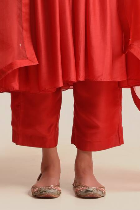 Cupid Cotton Red Silk, Cotton Embroidery V-neck Aiza Yoke Anarkali And Pant Set Online at Aza Fashions Cupid Cotton_Red Silk, Cotton Embroidery V-neck Aiza Yoke Anarkali And Pant Set _Online_at_Aza_Fashions