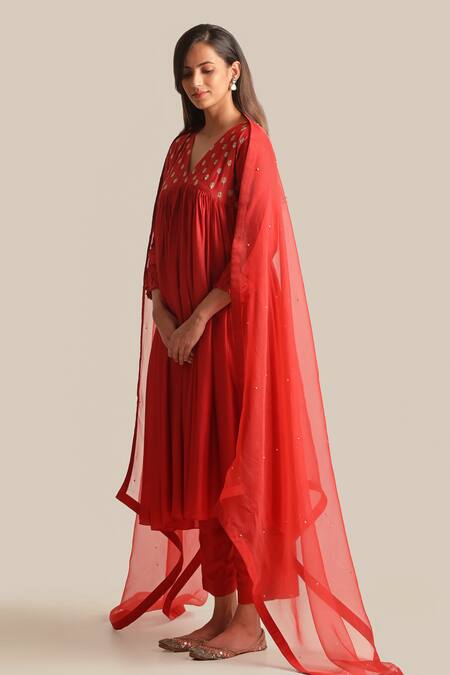 Shop Cupid Cotton Red Silk, Cotton Embroidery V-neck Aiza Yoke Anarkali And Pant Set Online at Aza Fashions Shop_Cupid Cotton_Red Silk, Cotton Embroidery V-neck Aiza Yoke Anarkali And Pant Set _Online_at_Aza_Fashions