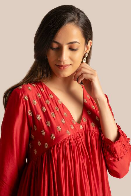 Cupid Cotton Red Silk, Cotton Embroidery V-neck Aiza Yoke Anarkali And Pant Set at Aza Fashions Cupid Cotton_Red Silk, Cotton Embroidery V-neck Aiza Yoke Anarkali And Pant Set _at_Aza_Fashions