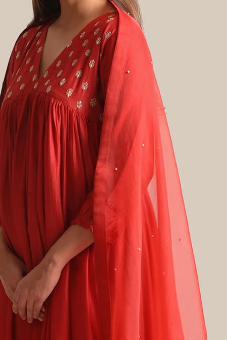 Shop_Cupid Cotton_Red Organza Sequins Aiza Embroidered Dupatta _at_Aza_Fashions