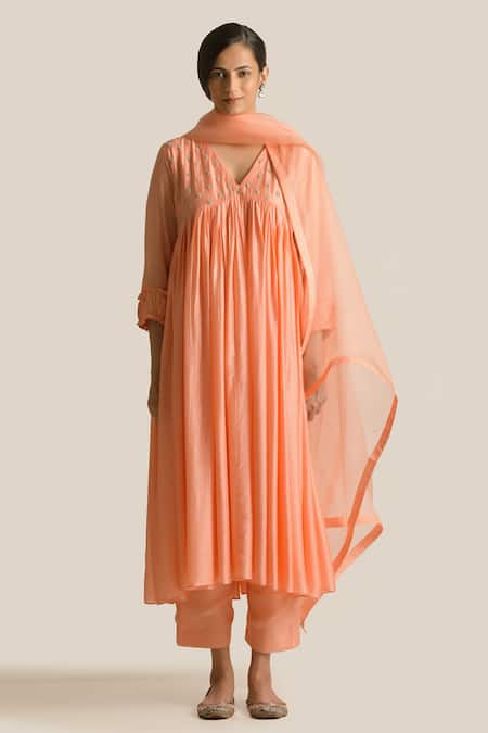 Cupid Cotton Orange Silk, Cotton Embroidery V-neck Aiza Yoke Flared Anarkali And Pant Set