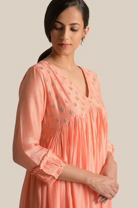 Cupid Cotton_Orange Silk, Cotton Embroidery V-neck Aiza Yoke Flared Anarkali And Pant Set _Online_at_Aza_Fashions