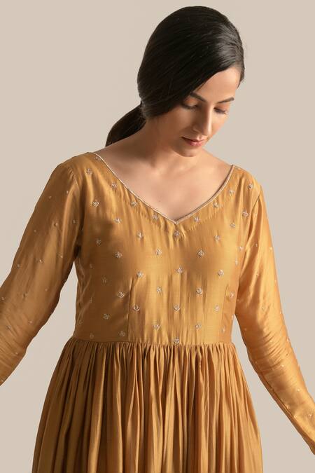 Cupid Cotton_Gold Silk, Cotton Embroidery V-neck Delisha Anarkali And Pant Set _Online_at_Aza_Fashions