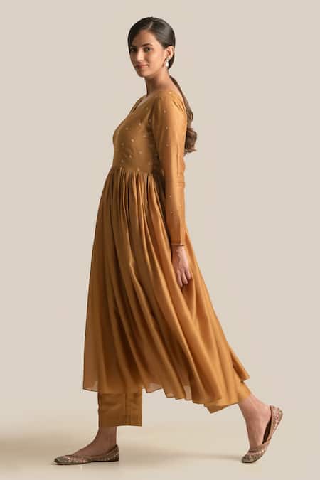 Shop_Cupid Cotton_Gold Silk, Cotton Embroidery V-neck Delisha Anarkali And Pant Set _Online_at_Aza_Fashions