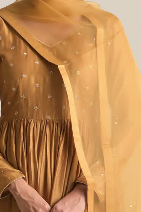 Shop Cupid Cotton Gold Organza Sequins Delisha Embroidered Dupatta at Aza Fashions Shop_Cupid Cotton_Gold Organza Sequins Delisha Embroidered Dupatta _at_Aza_Fashions