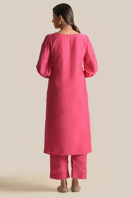 Shop Cupid Cotton Pink Silk, Cotton Embroidery V-neck Inaya Yoke Kurta And Pant Set at Aza Fashions Shop_Cupid Cotton_Pink Silk, Cotton Embroidery V-neck Inaya Yoke Kurta And Pant Set _at_Aza_Fashions