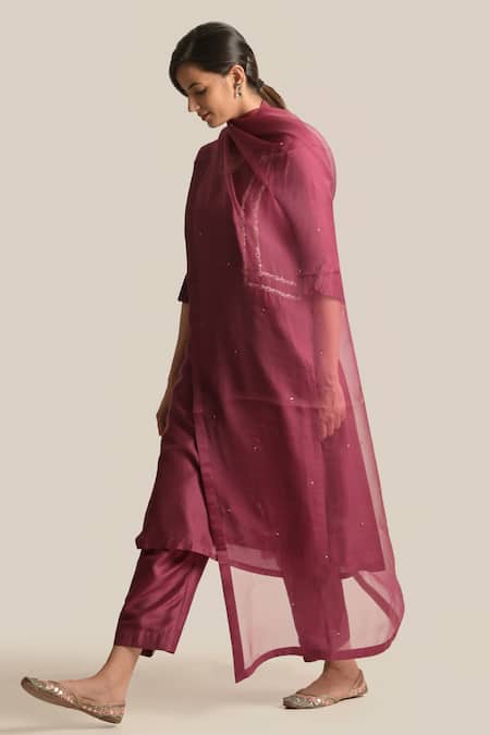 Buy_Cupid Cotton_Wine Silk Organza, Silk, Cotton Cut Work, Noor Side Panel Kurta And Pant Set _Online_at_Aza_Fashions