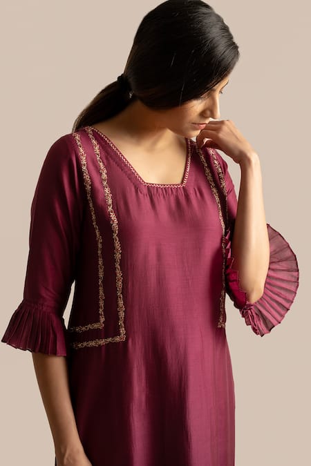 Shop_Cupid Cotton_Wine Silk Organza, Silk, Cotton Cut Work, Noor Side Panel Kurta And Pant Set _Online_at_Aza_Fashions