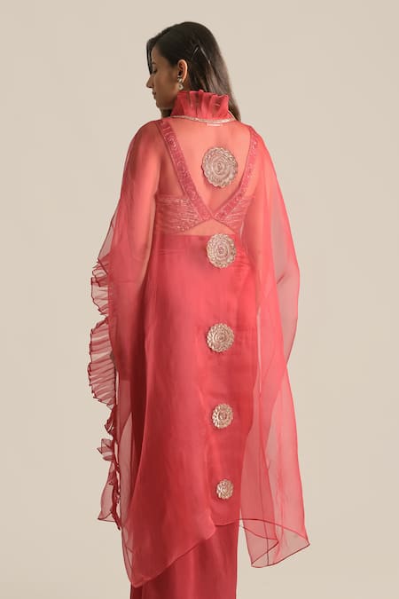 Shop Cupid Cotton Red Silk, Cotton Embroidery V-neck Zara Pita Cape Skirt Set at Aza Fashions Shop_Cupid Cotton_Red Silk, Cotton Embroidery V-neck Zara Pita Cape Skirt Set _at_Aza_Fashions