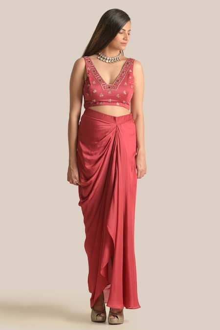 Cupid Cotton Red Silk, Cotton Embroidery V-neck Zara Pita Cape Skirt Set Online at Aza Fashions Cupid Cotton_Red Silk, Cotton Embroidery V-neck Zara Pita Cape Skirt Set _Online_at_Aza_Fashions