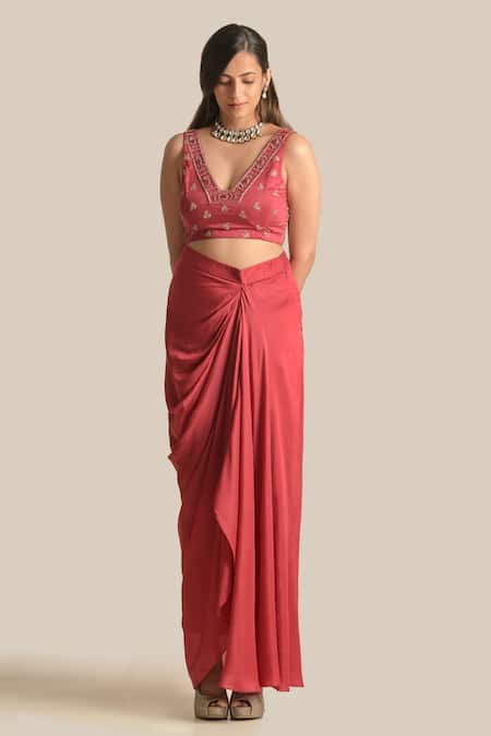Buy Cupid Cotton Red Silk, Cotton Embroidery V-neck Zara Pita Cape Skirt Set Online at Aza Fashions Buy_Cupid Cotton_Red Silk, Cotton Embroidery V-neck Zara Pita Cape Skirt Set _Online_at_Aza_Fashions