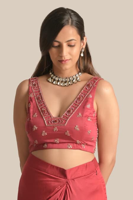 Cupid Cotton Red Silk, Cotton Embroidery V-neck Zara Pita Cape Skirt Set at Aza Fashions Cupid Cotton_Red Silk, Cotton Embroidery V-neck Zara Pita Cape Skirt Set _at_Aza_Fashions