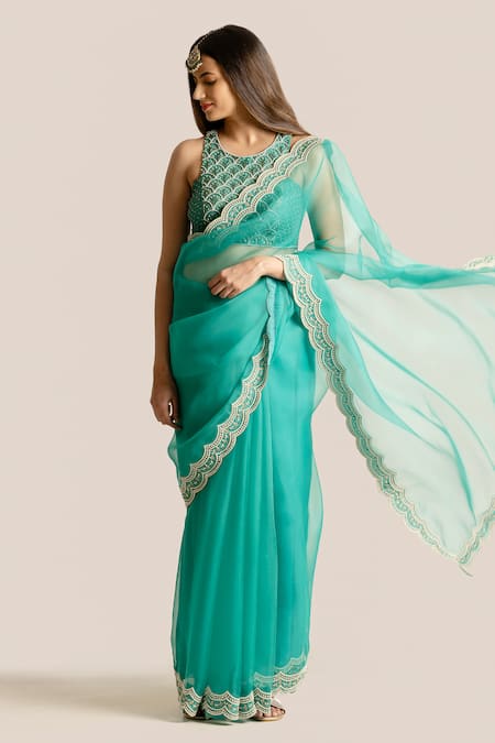Shop Cupid Cotton Blue Silk, Organza Pearls, Piping Amal Border Embroidered Saree With Blouse at Aza Fashions Shop_Cupid Cotton_Blue Silk, Organza Pearls, Piping Amal Border Embroidered Saree With Blouse _at_Aza_Fashions