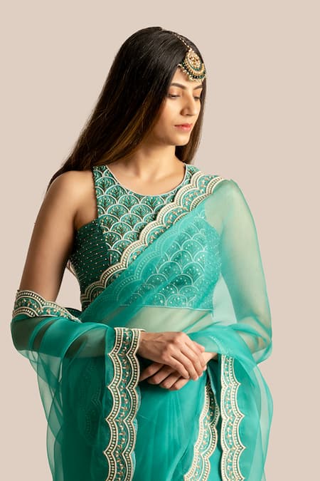 Cupid Cotton Blue Silk, Organza Pearls, Piping Amal Border Embroidered Saree With Blouse Online at Aza Fashions Cupid Cotton_Blue Silk, Organza Pearls, Piping Amal Border Embroidered Saree With Blouse _Online_at_Aza_Fashions