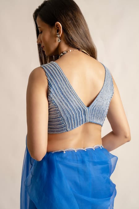Shop Cupid Cotton Blue Silk, Organza Cut Work, Embroidery V-neck Huma Border Saree With Blouse at Aza Fashions Shop_Cupid Cotton_Blue Silk, Organza Cut Work, Embroidery V-neck Huma Border Saree With Blouse _at_Aza_Fashions