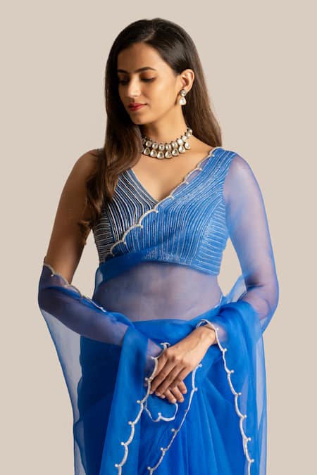 Cupid Cotton Blue Silk, Organza Cut Work, Embroidery V-neck Huma Border Saree With Blouse Online at Aza Fashions Cupid Cotton_Blue Silk, Organza Cut Work, Embroidery V-neck Huma Border Saree With Blouse _Online_at_Aza_Fashions