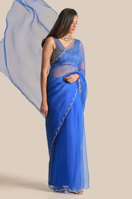 Shop Cupid Cotton Blue Silk, Organza Cut Work, Embroidery V-neck Huma Border Saree With Blouse Online at Aza Fashions Shop_Cupid Cotton_Blue Silk, Organza Cut Work, Embroidery V-neck Huma Border Saree With Blouse _Online_at_Aza_Fashions
