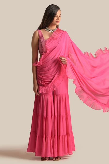 Cupid Cotton Hana Pre-Draped Pant Saree With Embroidered Blouse 