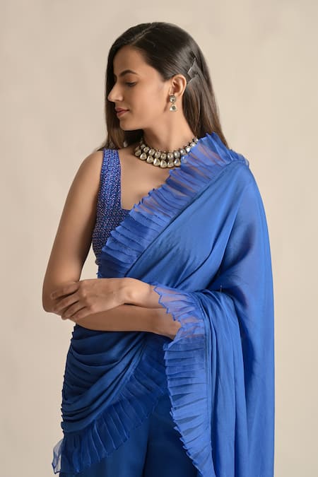 Cupid Cotton_Blue Silk, Organza, Chiffon Embroidery Hana Pre-draped Pant Saree With Blouse _Online_at_Aza_Fashions
