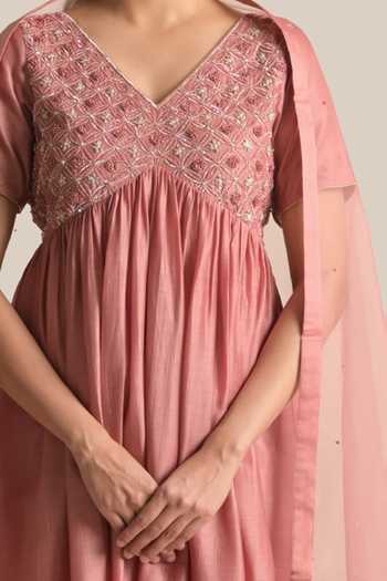 Cupid Cotton_Pink Cotton, Silk Pearls, Piping, Sequins, Cut Naira Anarkali And Tulip Pant Set _Online_at_Aza_Fashions
