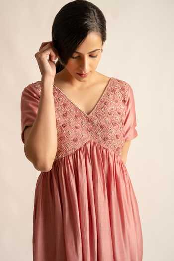 Shop_Cupid Cotton_Pink Cotton, Silk Pearls, Piping, Sequins, Cut Naira Anarkali And Tulip Pant Set _Online_at_Aza_Fashions