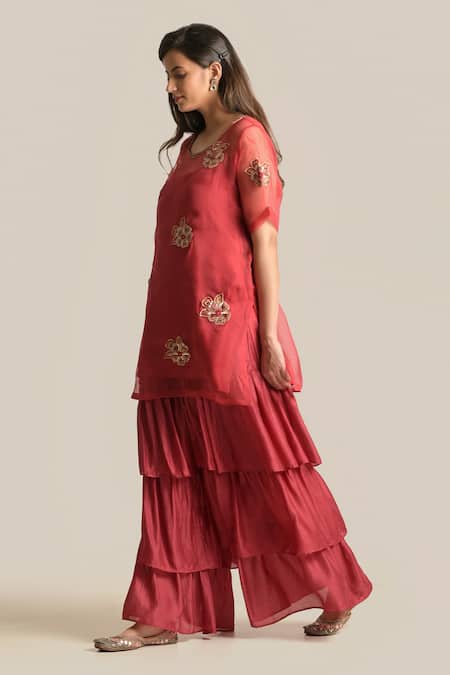 Shop_Cupid Cotton_Red Cotton, Silk Sequins, Embroidery, Zari Round Neck Amira Kurta And Sharara Set _Online_at_Aza_Fashions