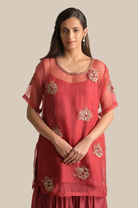 Cupid Cotton_Red Cotton, Silk Sequins, Embroidery, Zari Round Neck Amira Kurta And Sharara Set _at_Aza_Fashions