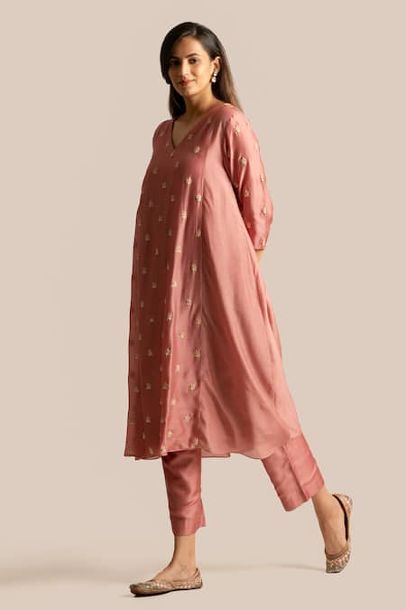Buy_Cupid Cotton_Pink Cotton, Silk Sequins, Piping, Cut Work Zoya Embroidered Anarkali And Pant Set _Online_at_Aza_Fashions
