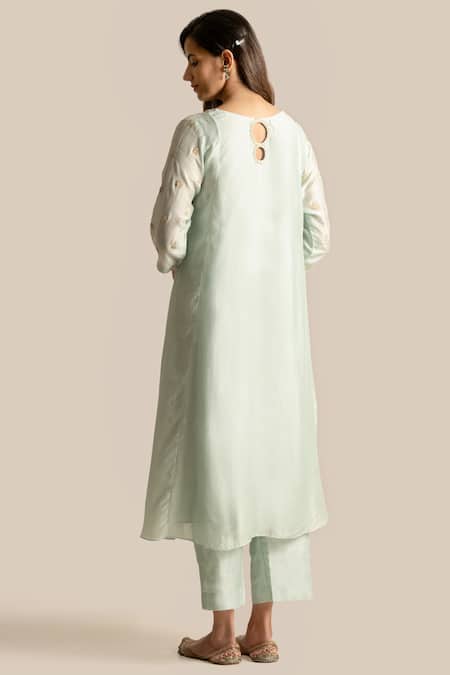 Shop Cupid Cotton Blue Cotton, Silk Pearls V-neck Zoya Sequin Embroidered Anarkali And Pant Set at Aza Fashions Shop_Cupid Cotton_Blue Cotton, Silk Pearls V-neck Zoya Sequin Embroidered Anarkali And Pant Set _at_Aza_Fashions