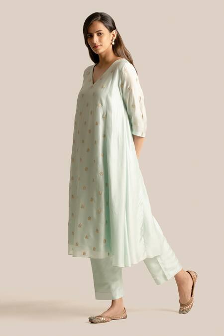 Cupid Cotton Blue Cotton, Silk Pearls V-neck Zoya Sequin Embroidered Anarkali And Pant Set Online at Aza Fashions Cupid Cotton_Blue Cotton, Silk Pearls V-neck Zoya Sequin Embroidered Anarkali And Pant Set _Online_at_Aza_Fashions