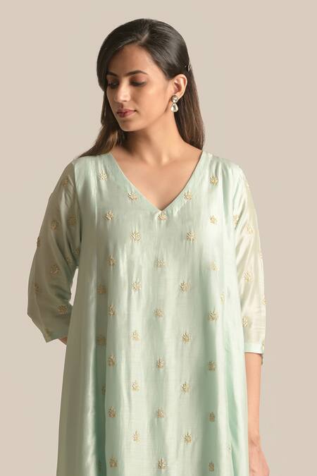 Shop Cupid Cotton Blue Cotton, Silk Pearls V-neck Zoya Sequin Embroidered Anarkali And Pant Set Online at Aza Fashions Shop_Cupid Cotton_Blue Cotton, Silk Pearls V-neck Zoya Sequin Embroidered Anarkali And Pant Set _Online_at_Aza_Fashions