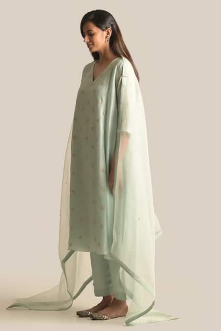 Cupid Cotton Blue Cotton, Silk Pearls V-neck Zoya Sequin Embroidered Anarkali And Pant Set at Aza Fashions Cupid Cotton_Blue Cotton, Silk Pearls V-neck Zoya Sequin Embroidered Anarkali And Pant Set _at_Aza_Fashions