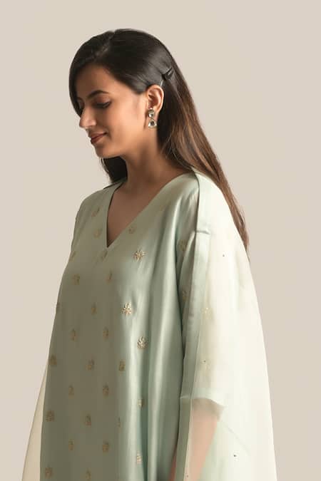 Buy Cupid Cotton Blue Cotton, Silk Pearls V-neck Zoya Sequin Embroidered Anarkali And Pant Set Buy_Cupid Cotton_Blue Cotton, Silk Pearls V-neck Zoya Sequin Embroidered Anarkali And Pant Set