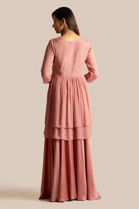 Shop Cupid Cotton Pink Silk, Chiffon Piping, Embroidery Square Asma Yoke Anarkali And Sharara Set at Aza Fashions Shop_Cupid Cotton_Pink Silk, Chiffon Piping, Embroidery Square Asma Yoke Anarkali And Sharara Set _at_Aza_Fashions