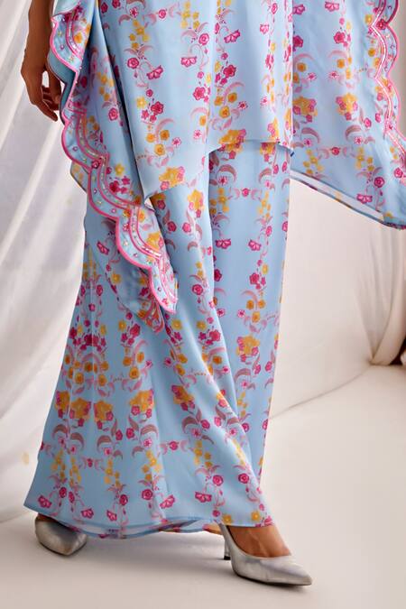 Tarini Vij Blue Satin, Georgette Embroidery Sway Floral Print Kaftan And Flared Pant Set Online at Aza Fashions Tarini Vij_Blue Satin, Georgette Embroidery Sway Floral Print Kaftan And Flared Pant Set _Online_at_Aza_Fashions