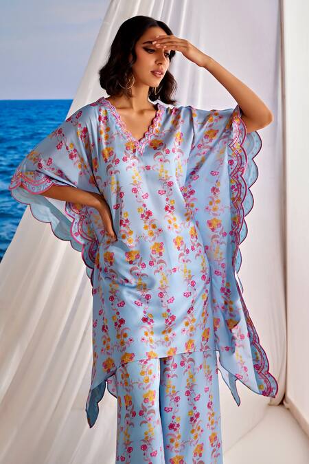 Buy Tarini Vij Blue Satin, Georgette Embroidery Sway Floral Print Kaftan And Flared Pant Set Online at Aza Fashions Buy_Tarini Vij_Blue Satin, Georgette Embroidery Sway Floral Print Kaftan And Flared Pant Set _Online_at_Aza_Fashions