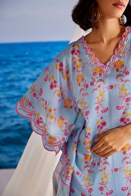 Shop Tarini Vij Blue Satin, Georgette Embroidery Sway Floral Print Kaftan And Flared Pant Set Online at Aza Fashions Shop_Tarini Vij_Blue Satin, Georgette Embroidery Sway Floral Print Kaftan And Flared Pant Set _Online_at_Aza_Fashions