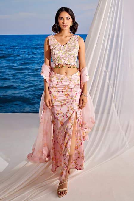 Tarini Vij Pink Blouse And Skirt Satin Georgette Printed Aliza Draped Set 